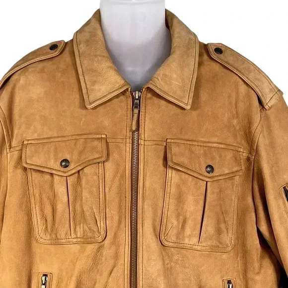 Roundtree & Yorke Mens L Genuine Leather Bomber Jacket Tan Diamond Quilted Liner - Picture 6 of 16